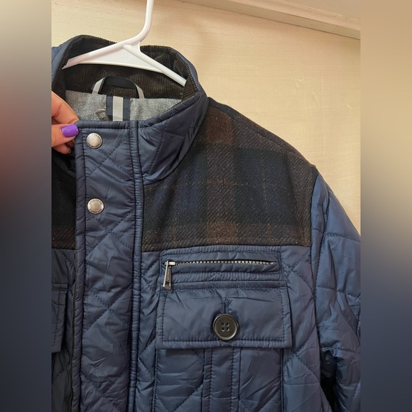 Cole Haan Men's Quilted Blue Jacket With Plaid Accents Size Large Elbow Patches - Picture 2 of 9